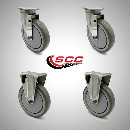 Service Caster 6 Inch SS Gray Polyurethane Swivel Top Plate Caster Set with 2 Rigid SCC SCC-SS20S614-PPUB-2-R614-2